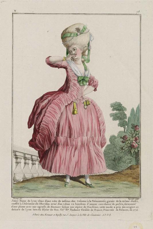 Gallerie des Modes et Costumes Français. 13e. Cahier des Costumes Français, 7e Suite d'Habillemens à la mode.  N77 (duplicate)  "Jeune Dame de Lyon vêtue d'une robe de taffetas..."