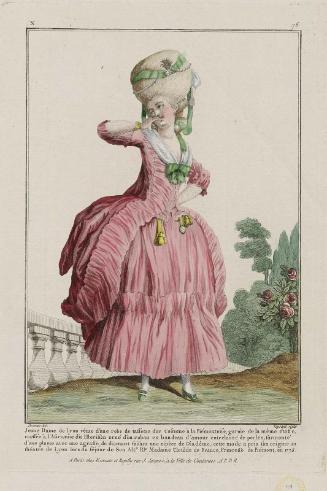 Gallerie des Modes et Costumes Français. 13e. Cahier des Costumes Français, 7e Suite d'Habillemens à la mode.  N77 (duplicate)  "Jeune Dame de Lyon vêtue d'une robe de taffetas..."