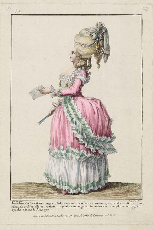 Gallerie des Modes et Costumes Français. 13e. Cahier des Costumes Français, 7e Suite d'Habillemens à la mode.  N.78  "Jeune Dame en Circassienne de gaze d'Italie..."