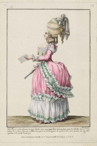 Gallerie des Modes et Costumes Français. 13e. Cahier des Costumes Français, 7e Suite d'Habillemens à la mode.  N.78  "Jeune Dame en Circassienne de gaze d'Italie..."