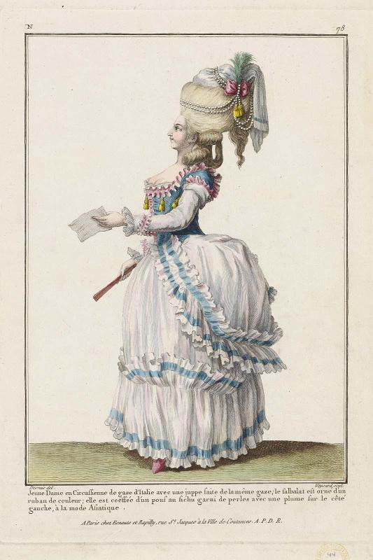 Gallerie des Modes et Costumes Français. 13e. Cahier des Costumes Français, 7e Suite d'Habillemens à la mode.  N.78 (duplicate)  "Jeune Dame en Circassienne de gaze d'Italie..."