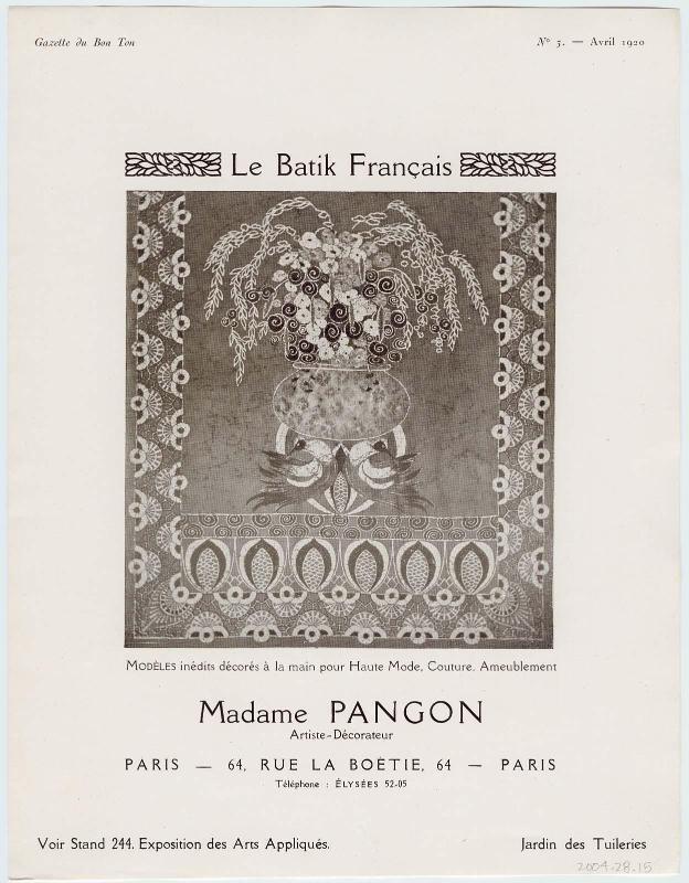 "Le Batik Français - Madame Pangon," advertisement from Gazette du Bon Ton, Volume 1, No. 3