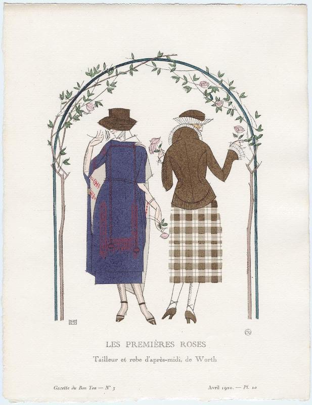 "Les Premières Roses - Tailleur et robe d'après-midi, de Worth," plate 20 from Gazette du Bon Ton, Volume 1, No. 3