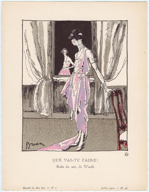 "Que Vas-Tu Faire! - Robe du soir, de Worth," plate 46 from Gazette du Bon Ton, Volume 2, No. 6