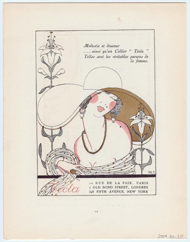 "Modestie et douceur... ainsi qu'un Collier 'Técla,' Telles sont les véritables parures de la femme - Técla," advertisement from Gazette du Bon Ton, Volume 2, No. 7, p. LX