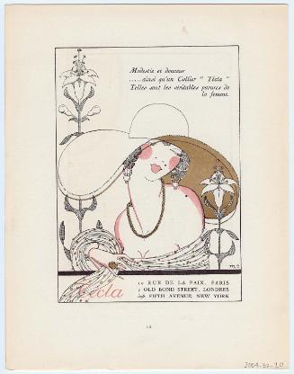 "Modestie et douceur... ainsi qu'un Collier 'Técla,' Telles sont les véritables parures de la femme - Técla," advertisement from Gazette du Bon Ton, Volume 2, No. 7, p. LX