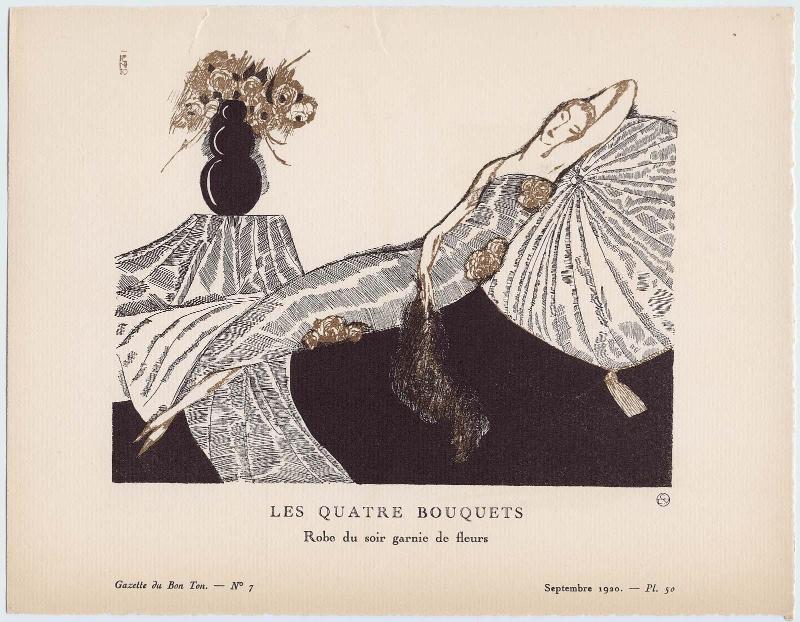 "Les Quatre Bouquets - Robe du soir garnie de fleurs," plate 50 from Gazette du Bon Ton, Volume 2, No. 7
