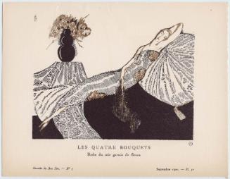 "Les Quatre Bouquets - Robe du soir garnie de fleurs," plate 50 from Gazette du Bon Ton, Volume 2, No. 7