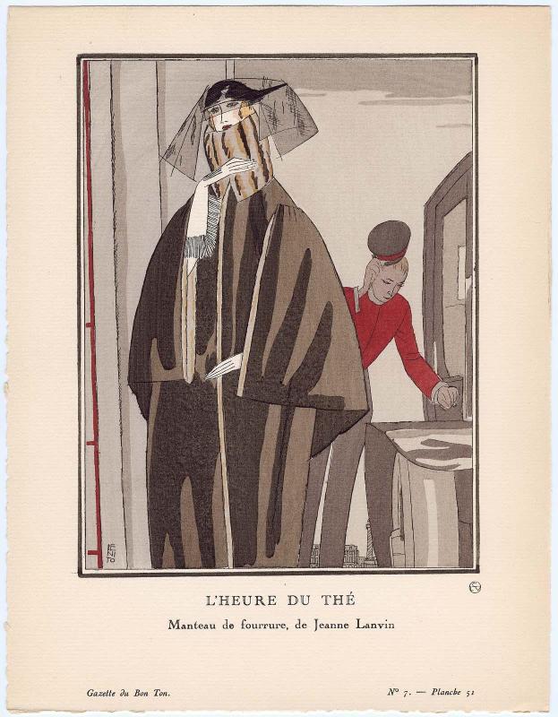 "L'Heure du Thé - Manteau de fourrure, de Jeanne Lanvin," plate 51 from Gazette du Bon Ton, Volume 2, No. 7