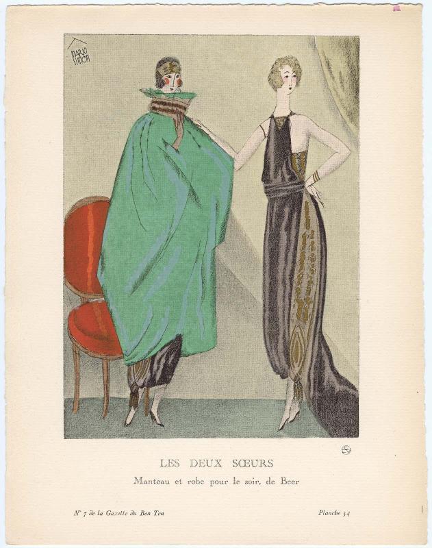 "Les Deux Sœurs - Manteau et robe pour le soir, de Beer," plate 54 from Gazette du Bon Ton, Volume 2, No. 7