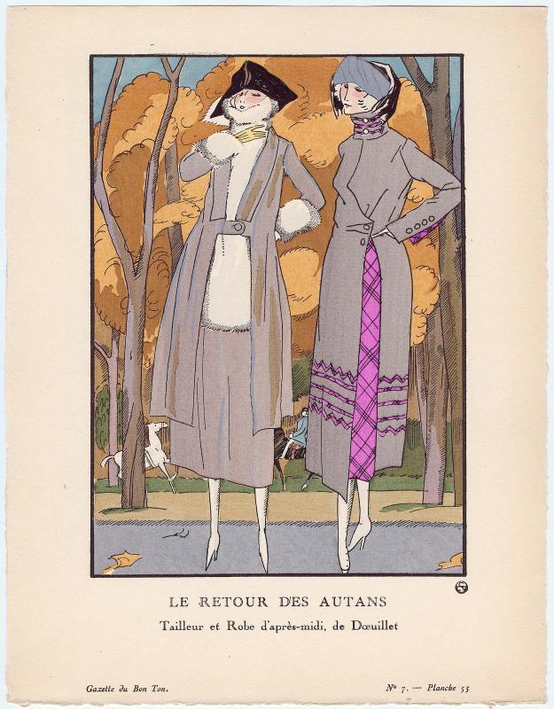 "Le Retour des Autans - Tailleur et Robe d'après-midi, de Dœuillet," plate 55 from Gazette du Bon Ton, Volume 2, No. 7