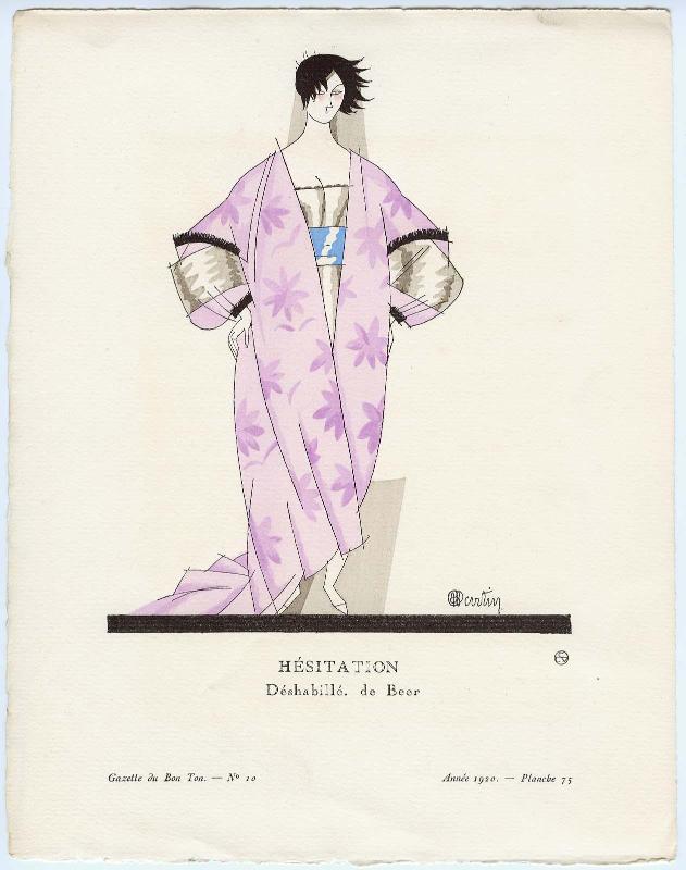 "Hésitation - Déshabillé, de Beer," plate 75 from Gazette du Bon Ton, Volume 2, No. 10
