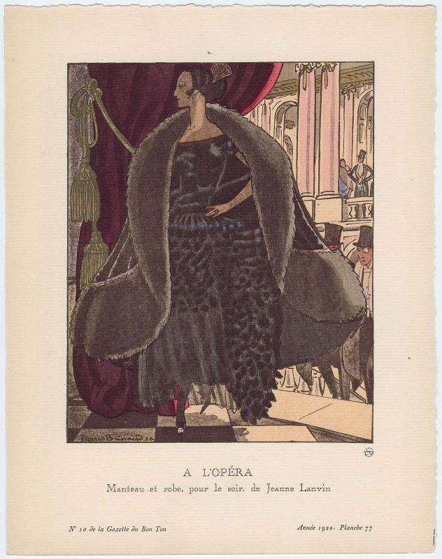 "A l'Opéra - Manteau et robe, pour le soir, de Jeanne Lanvin," plate 77 from Gazette du Bon Ton, Volume 2, No. 10