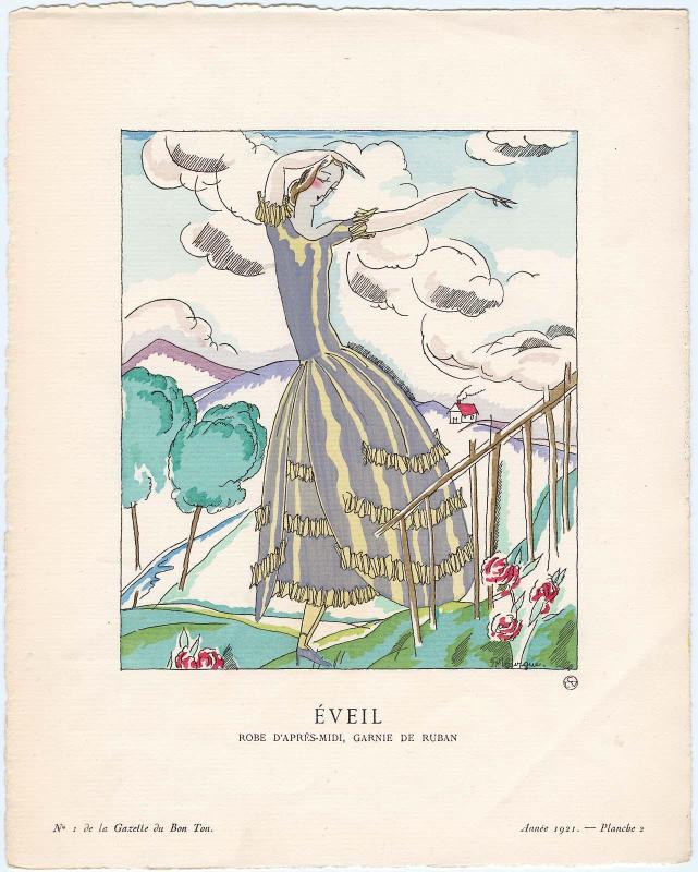 "Éveil - Robe d'après-midi, garnie de ruban," plate 2 from Gazette du Bon Ton, Volume 1, No. 1