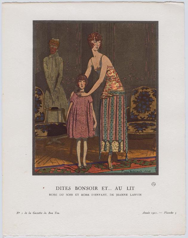 "Dites Bonsoir et... au lit - Robe du soir et robe d'enfant, de Jeanne Lanvin," plate 5 from Gazette du Bon Ton, Volume 1, No. 1