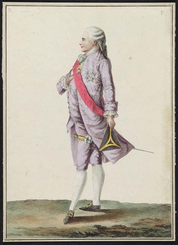 Gallerie des Modes et Costumes Français. 14e. Cahier des Costumes Français, 8e Suite d'Habillemens à la mode en 1778.  O.81  "Habit de Printemps, Cannelé fond argent..."
