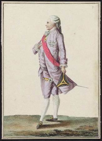 Gallerie des Modes et Costumes Français. 14e. Cahier des Costumes Français, 8e Suite d'Habillemens à la mode en 1778.  O.81  "Habit de Printemps, Cannelé fond argent..."