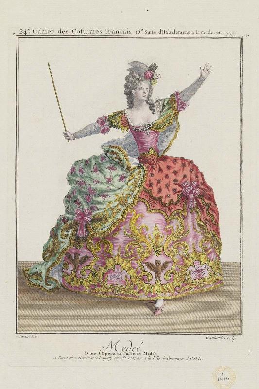 Gallerie des Modes et Costumes Français. 24e Cahier des Costumes Français, 18e Suite d'Habillemens à la mode en 1779.  Z.139   "Medeé: Dans l'Opera de Jason et Medée."