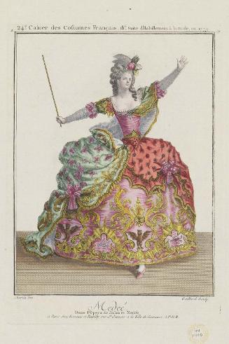 Gallerie des Modes et Costumes Français. 24e Cahier des Costumes Français, 18e Suite d'Habillemens à la mode en 1779.  Z.139   "Medeé: Dans l'Opera de Jason et Medée."