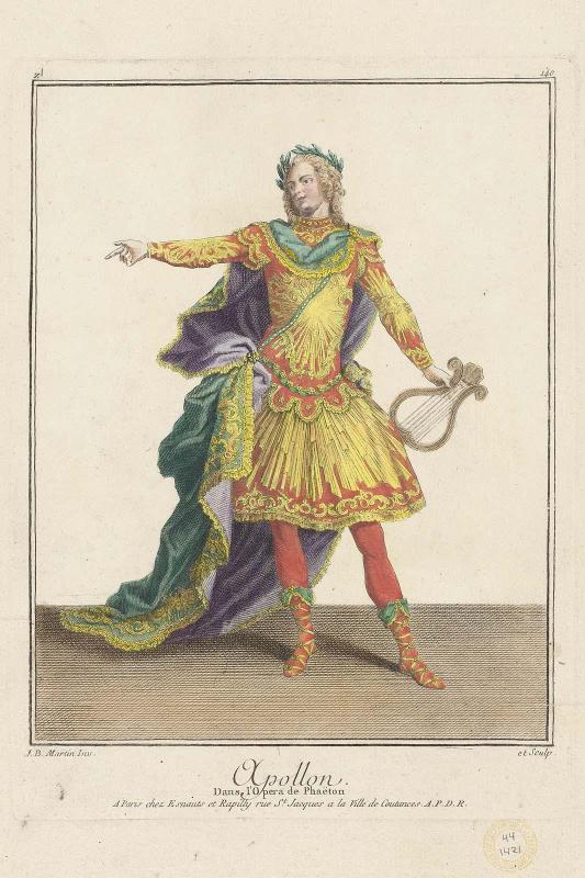 Gallerie des Modes et Costumes Français. 24e Cahier des Costumes Français, 18e Suite d'Habillemens à la mode en 1779.  Z.140  "Apollon: Dans l'Opera de Phaëton."