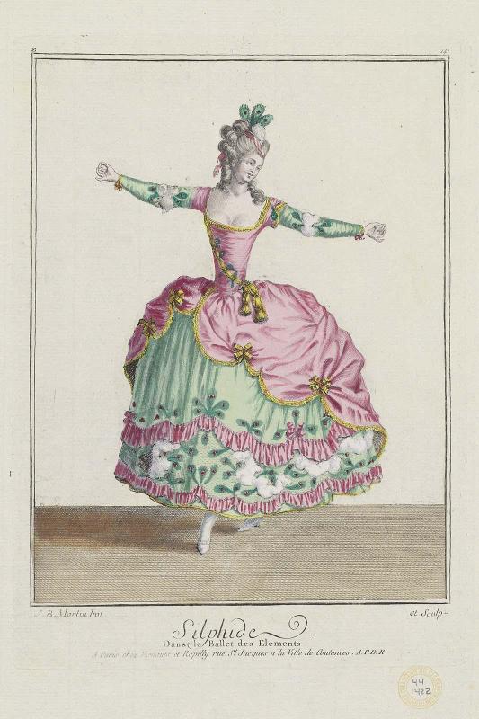 Gallerie des Modes et Costumes Français. 24e Cahier des Costumes Français, 18e Suite d'Habillemens à la mode en 1779.  Z.141  "Silphide: Dans le Ballet des Elements."