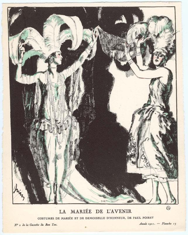 "La Mariée de l'Avenir - Costumes de mariée et de demoiselle d'honneur, de Paul Poiret," plate 13 from Gazette du Bon Ton, Volume 1, No. 2