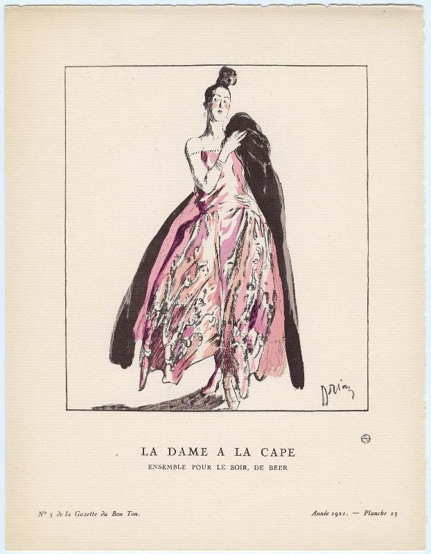 "La Dame A La Cape - Ensemble pour le soir, de Beer," plate 23 from Gazette du Bon Ton, Volume 1, No. 3