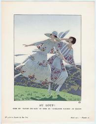 "Au Loup! - Robe en 'fleurs des blés' et robe en 'guirlande fleurie,' de Rodier," plate 26 from Gazette du Bon Ton, Volume 1, No. 4