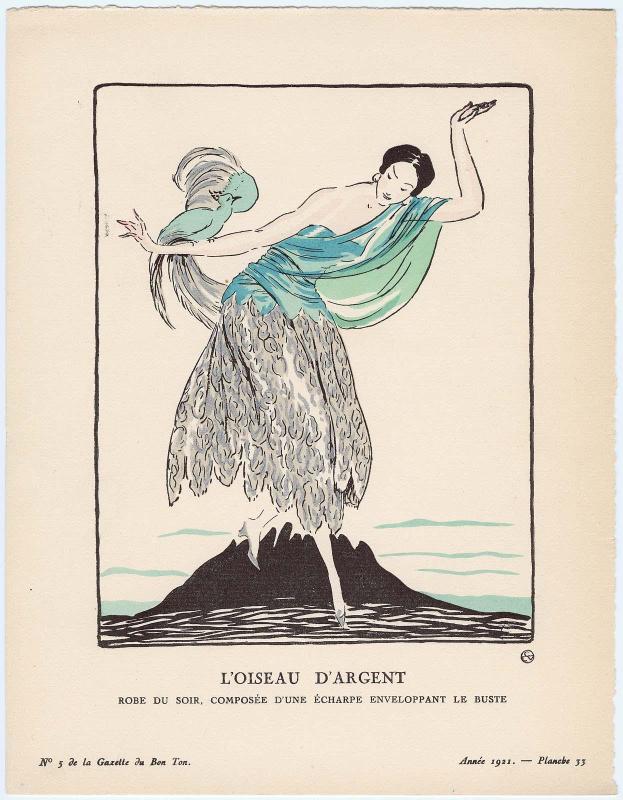 "L'Oiseau d'Argent - Robe du soir, composée d'une écharpe enveloppant le buste," plate 33 from Gazette du Bon Ton, Volume 1, No. 5