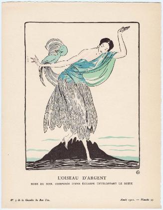 "L'Oiseau d'Argent - Robe du soir, composée d'une écharpe enveloppant le buste," plate 33 from Gazette du Bon Ton, Volume 1, No. 5