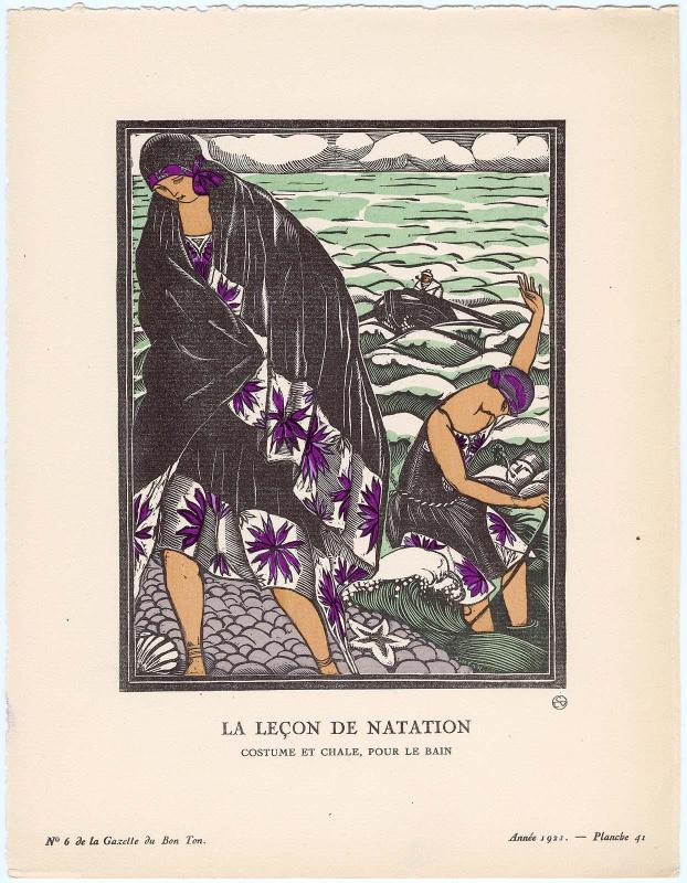 "La Leçon de Natation - Costume et chale, pour le bain," plate 41 from Gazette du Bon Ton, Volume 2, No. 6