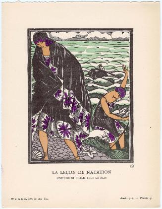 "La Leçon de Natation - Costume et chale, pour le bain," plate 41 from Gazette du Bon Ton, Volume 2, No. 6