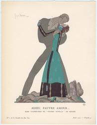 "Adieu, Pauvre Amour... - Robe d'après-midi en 'Palmes Agnella,' de Rodier," plate 50 from Gazette du Bon Ton, Volume 2, No. 7
