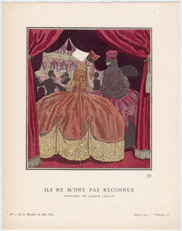 "Ils ne m'ont pas reconnue - Travesti, de Jeanne Lanvin," plate 52 from Gazette du Bon Ton, Volume 2, No. 7
