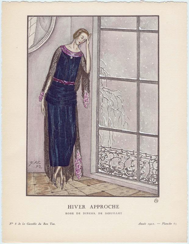 "Hiver Approche - Robe de dîners, de Dœuillet," plate 63 from Gazette du Bon Ton, Volume 2, No. 8