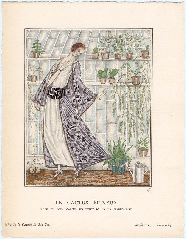 "Le Cactus Epineux - Robe du soir, garnie de dentelle 'A la Maréchale'," plate 65 from Gazette du Bon Ton, Volume 2, No. 9