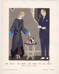 "'De ceci?... De ceci?... De ceci?... Ou de ceci?...' - Robe de diner, de Dœuillet," plate 70 from Gazette du Bon Ton, Volume 2, No. 9