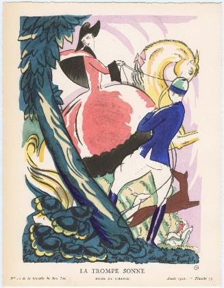 "La Trompe Sonne - Robe de chasse," plate 73 from Gazette du Bon Ton, Volume 2, No. 10