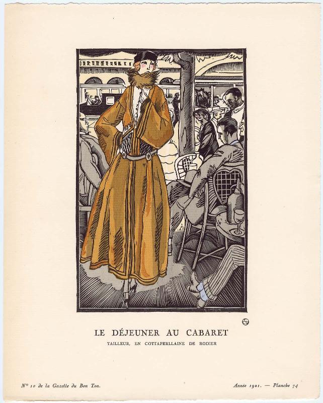 "Le Déjeuner au Cabaret - Tailleur, en cottaperllaine de Rodier," plate 74 from Gazette du Bon Ton, Volume 2, No. 10