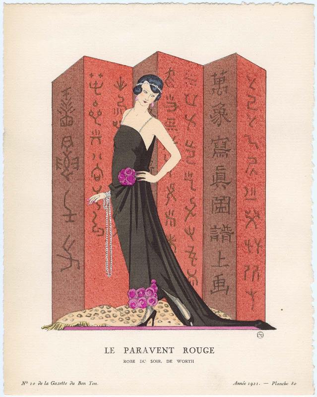 "Le Paravent Rouge - Robe du soir, de Worth," plate 80 from Gazette du Bon Ton, Volume 2, No. 10