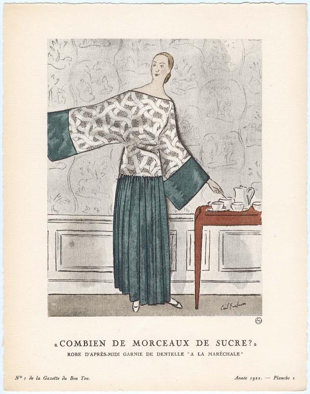 "'Combien de morceaux de sucre?' - Robe d'après-midi garnie de dentelle 'A la Maréchale'," plate 2 from Gazette du Bon Ton, Volume 1, No. 1