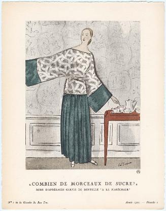 "'Combien de morceaux de sucre?' - Robe d'après-midi garnie de dentelle 'A la Maréchale'," plate 2 from Gazette du Bon Ton, Volume 1, No. 1