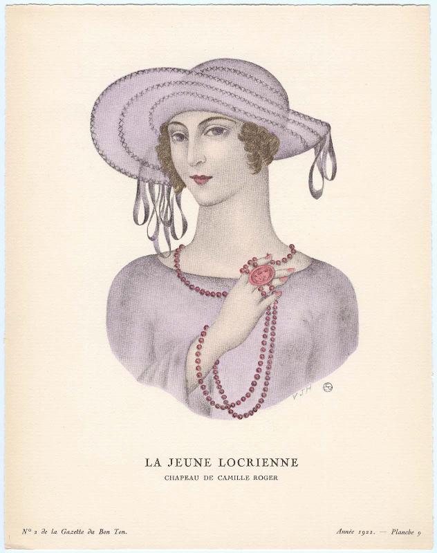 "La Jeune Locrienne - Chapeau de Camille Roger," plate 9 from Gazette du Bon Ton, Volume 1, No. 2