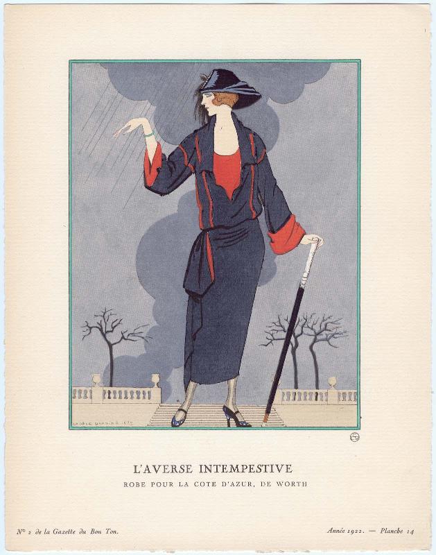 "L'Averse Intempestive - Robe pour la Côte d'Azur, de Worth," plate 14 from Gazette du Bon Ton, Volume 1, No. 2