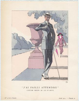 "'J'ai failli attendre' - Costume veston, de Lus et Befve," plate 26 from Gazette du Bon Ton, Volume 1, No. 4