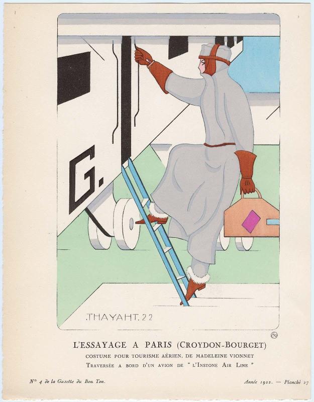 "L'Essayage a Paris (Croydon-Bourget) - Costume pour tourisme aérien, de Madeleine Vionnet. Traversée a Bord d'un Avion de 'L'Instone Air Line'," plate 27 from Gazette du Bon Ton, Volume 1, No. 4