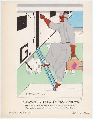 "L'Essayage a Paris (Croydon-Bourget) - Costume pour tourisme aérien, de Madeleine Vionnet. Traversée a Bord d'un Avion de 'L'Instone Air Line'," plate 27 from Gazette du Bon Ton, Volume 1, No. 4