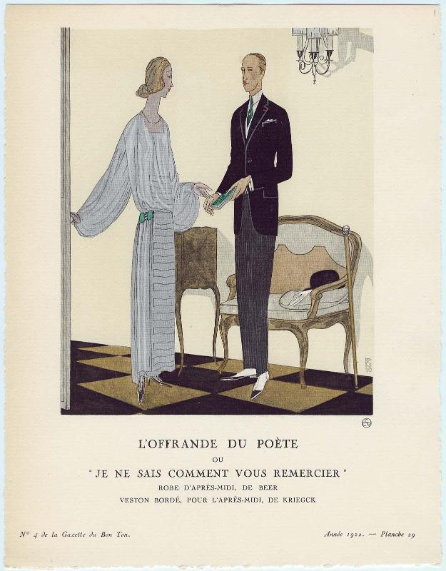 "L'Offrande du Poète ou 'Je ne sais comment vous remercier' - Robe d'après-midi, de Beer; Veston Bordé, pour l'après-midi, de Kriegck,"  plate 29 from Gazette du Bon Ton, Volume 1, No. 4