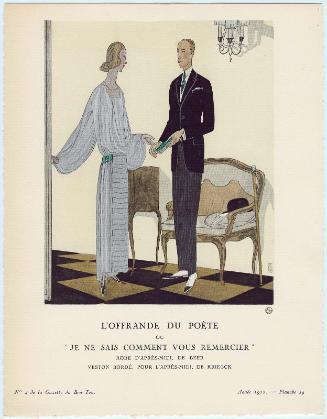 "L'Offrande du Poète ou 'Je ne sais comment vous remercier' - Robe d'après-midi, de Beer; Veston Bordé, pour l'après-midi, de Kriegck,"  plate 29 from Gazette du Bon Ton, Volume 1, No. 4