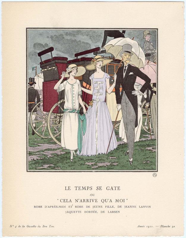 "Le Temps Se Gate ou 'Cela n'Arrive qu'a Moi' - Robe d'après-midi et robe de jeune fille, de Jeanne Lanvin; Jaquette bordée, de Larsen," plate 30 from Gazette du Bon Ton, Volume 1, No. 4